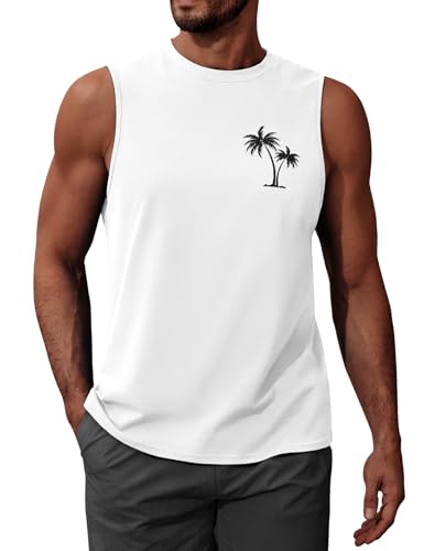 UMIPUBO Tank Top Herren Sommer Ärmellos Achselshirt Sport Muskelshirt Baumwolle Unterhemd Fit Workout Palme Gedruckt Strand Urlaub Männlich Lässig Leichtes Top(Weiß A,XL) von UMIPUBO