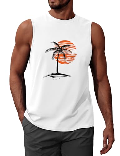 UMIPUBO Tank Top Herren Sommer Ärmellos Achselshirt Sport Muskelshirt Baumwolle Unterhemd Fit Workout Palme Gedruckt Strand Urlaub Männlich Lässig Leichtes Top(Weiß B,XXL) von UMIPUBO