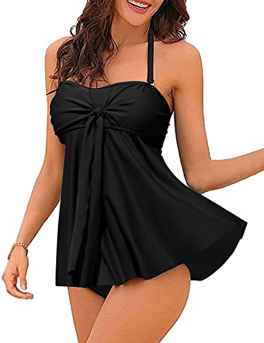 UMIPUBO Tankini Damen Badeanzug Sets,Push up 2 Stück Bademoden mit Hot Pants Sexy Multi-wear Badeanzüge, Abnehmbarer Schultergurt(Schwarz,L) von UMIPUBO