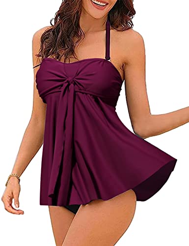 UMIPUBO Tankini Damen Badeanzug Sets,Push up 2 Stück Bademoden mit Hot Pants Sexy Multi-wear Badeanzüge, Abnehmbarer Schultergurt(Weinrot,M) von UMIPUBO