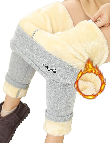 UMIPUBO Thermo Leggings Gefüttert Damen Winter Warme Gefütterte Strumpfhose Lang Schraubgewinde Fleece Jogginghose Winterleggins aus Lammsamt Thermoleggins(Hellgrau,L) von UMIPUBO