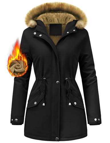 UMIPUBO Winterjacke Damen Lang Warmer Winterparka Wasserdicht Parka Wintermantel mit Kapuze Gefüttert Jacke Mit Taschen Thermo Mantel(Schwarz,L) von UMIPUBO