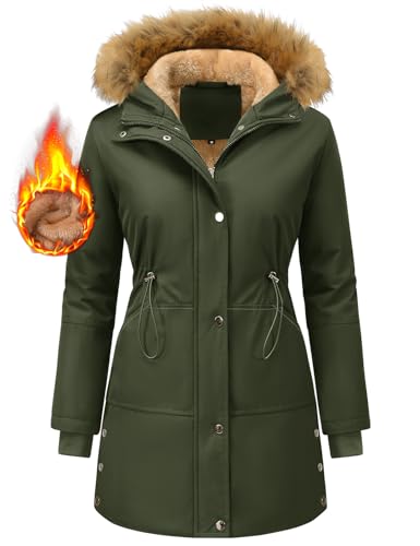 UMIPUBO Wintermantel Damen Warmer Winterparka Lang Winterjacke mit Kapuze Gefüttert Damenmantel Women’s Elegant Parka Mantel Thermo Jacken(Grün,L) von UMIPUBO