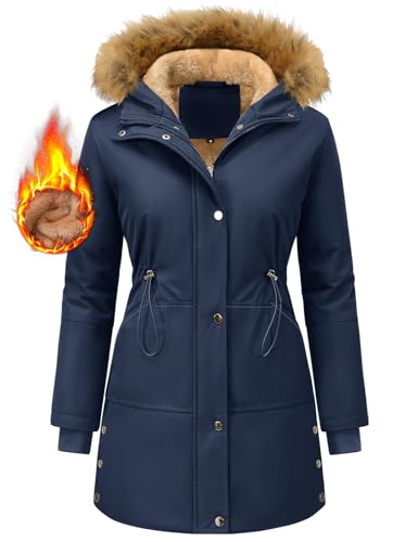 UMIPUBO Wintermantel Damen Warmer Winterparka Lang Winterjacke mit Kapuze Gefüttert Damenmantel Women’s Elegant Parka Mantel Thermo Jacken(Marineblau,M) von UMIPUBO