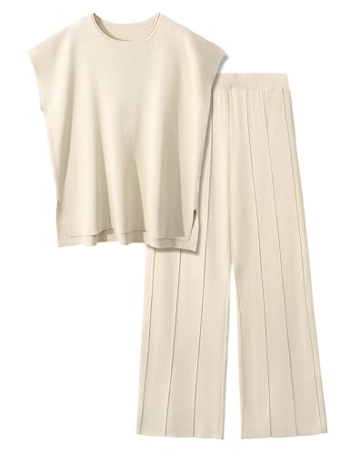 UMIPUBO Zweiteiler Damen 2 Piece Loungewear Set Freizeit Strickpullover Tops High Waist Elastische Taille Hosen Hausanzug Sets Elegant Sleepwear Outfit Elegant Freizeitanzug (Aprikose, S) von UMIPUBO