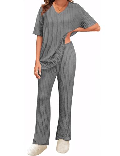 UMIPUBO Zweiteiler Damen Loungewear Set Homewear Sommer 2 Pieces Outfits Elegant Hosenanzug Oberteil mit V-Ausschnitt und Weites Bein Hosen Lounge Sleepwear Freizeit Sets (Grau, XXL) von UMIPUBO