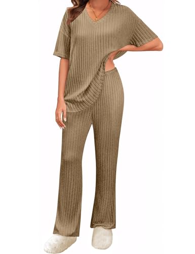 UMIPUBO Zweiteiler Damen Loungewear Set Homewear Sommer 2 Pieces Outfits Elegant Hosenanzug Oberteil mit V-Ausschnitt und Weites Bein Hosen Lounge Sleepwear Freizeit Sets (Khaki, S) von UMIPUBO