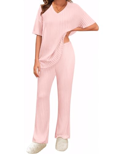 UMIPUBO Zweiteiler Damen Loungewear Set Homewear Sommer 2 Pieces Outfits Elegant Hosenanzug Oberteil mit V-Ausschnitt und Weites Bein Hosen Lounge Sleepwear Freizeit Sets (Rosa, L) von UMIPUBO
