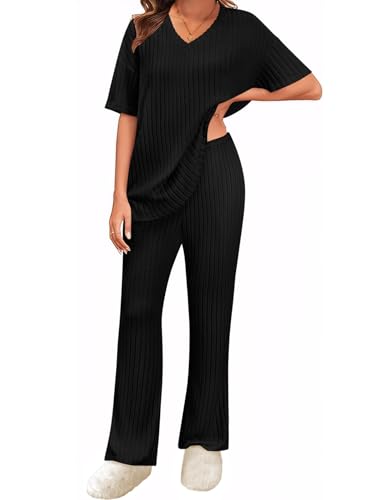 UMIPUBO Zweiteiler Damen Loungewear Set Homewear Sommer 2 Pieces Outfits Elegant Hosenanzug Oberteil mit V-Ausschnitt und Weites Bein Hosen Lounge Sleepwear Freizeit Sets (Schwarz, XL) von UMIPUBO
