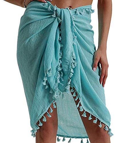 UMIPUBO Damen Strandtuch Sarong Pareo Halbtransparent Strandbedeckung mit Quasten Sommer Bademode Bikini Cover up Strandkleid(Dunkelblau,Einheitsgröße) von UMIPUBO