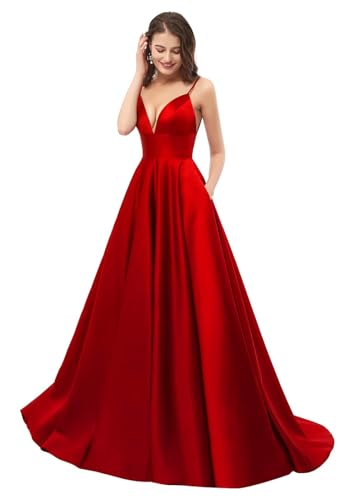 Ballkleider Mit V-Ausschnitt FüR Frauen 2024 Langes Brautjungfernkleid Aus Satin A-Linie SpaghettiträGer Formelle Abendballkleider Red 3XL von UMLXYER
