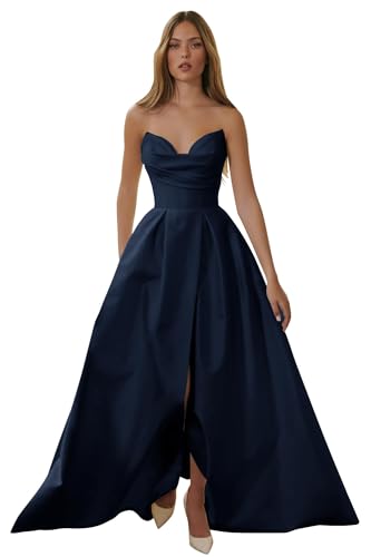 Damen trägerlose Sweetheart Abschlussballkleider Langes Ballkleid A Linie Schlitz Satin formelles Abendpartykleid Navy Blue S von UMLXYER