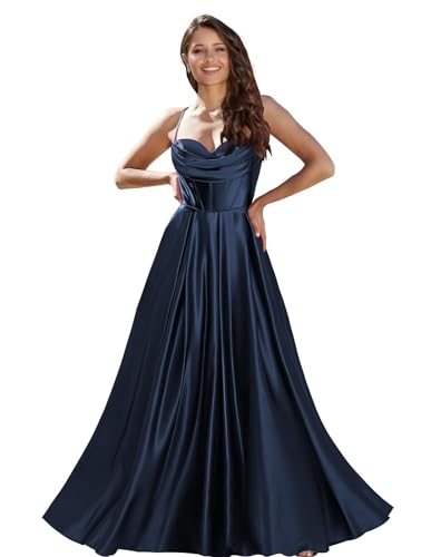 UMLXYER Damen Abschlussball Kleider Satin Spaghettiträger Cowl Neck Lange Brautjungfernkleider trägerloses Korsett Formelles Abendkleid mit Taschen Navy Blue M von UMLXYER