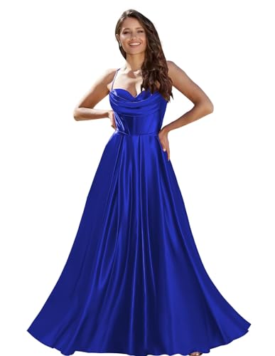 UMLXYER Damen Abschlussball Kleider Satin Spaghettiträger Cowl Neck Lange Brautjungfernkleider trägerloses Korsett Formelles Abendkleid mit Taschen Royal Blue M von UMLXYER