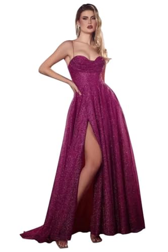 UMLXYER Glitzer TüLl Ballkleider FüR Frauen SpaghettiträGer Lange Hochzeit Brautjungfernkleider Formelle Abendkleider Mit Schlitz Fuchsia M von UMLXYER