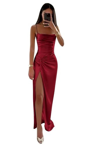 UMLXYER Rückenfreie Ballkleider für Damen 2024 Satin Lange Meerjungfrau Brautjungfernkleid Spaghettiträger Plissierte formelle Abendpartykleider mit Schlitz Burgundy S von UMLXYER