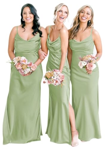 UMLXYER Satin Brautjungfernkleider FüR Damen SpaghettiträGer Wasserfallausschnitt Langes Meerjungfrauen-Ballkleid Formelles Abendkleid Mit Schlitz Dusty Sage XS von UMLXYER