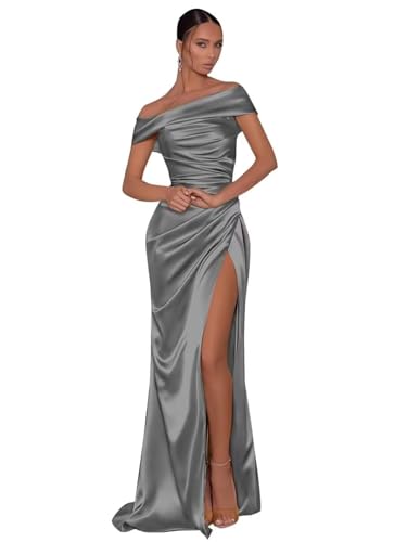 UMLXYER Schulterfreie Ballkleider für Frauen 2024 Satin Langes Meerjungfrau Brautjungfer Kleid Formale Abendparty Kleider mit Schlitz Grey S von UMLXYER