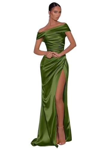 UMLXYER Schulterfreie Ballkleider für Frauen 2024 Satin Langes Meerjungfrau Brautjungfer Kleid Formale Abendparty Kleider mit Schlitz Olive Green S von UMLXYER