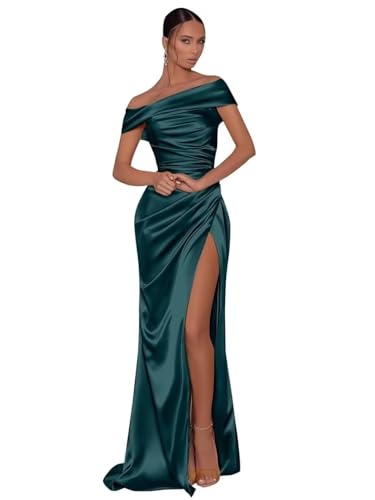 UMLXYER Schulterfreie Ballkleider für Frauen 2024 Satin Langes Meerjungfrau Brautjungfer Kleid Formale Abendparty Kleider mit Schlitz Peacock XS von UMLXYER