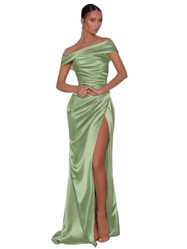 UMLXYER Schulterfreie Ballkleider für Frauen 2024 Satin Langes Meerjungfrau Brautjungfer Kleid Formale Abendparty Kleider mit Schlitz Sage Green S von UMLXYER