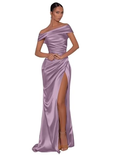 UMLXYER Schulterfreie Ballkleider für Frauen 2024 Satin Langes Meerjungfrau Brautjungfer Kleid Formale Abendparty Kleider mit Schlitz Wisteria XXS von UMLXYER