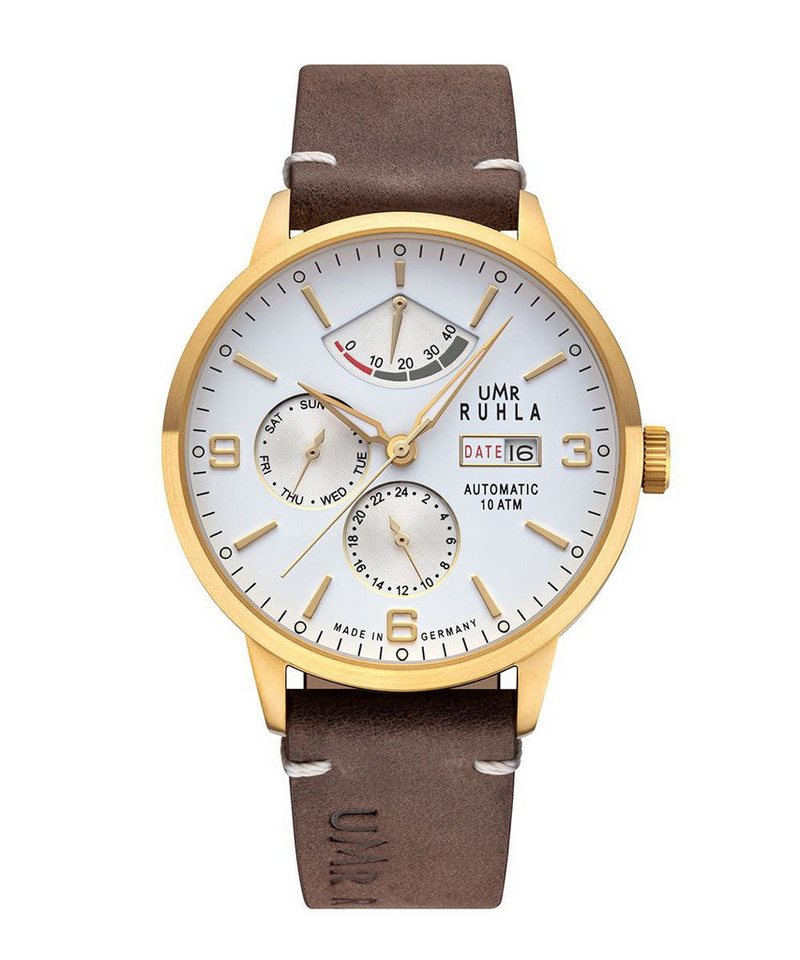 UMR Ruhla Automatikuhr 80274 Herrenuhr 42 mm IP-Gold Weiß Lederarmband - Made in Germany von UMR Ruhla