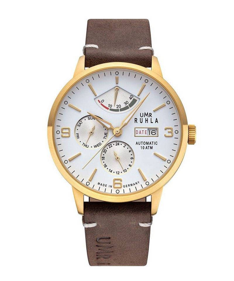 UMR Ruhla Automatikuhr 80274 Herrenuhr 42 mm IP-Gold Weiß Lederarmband - Made in Germany von UMR Ruhla