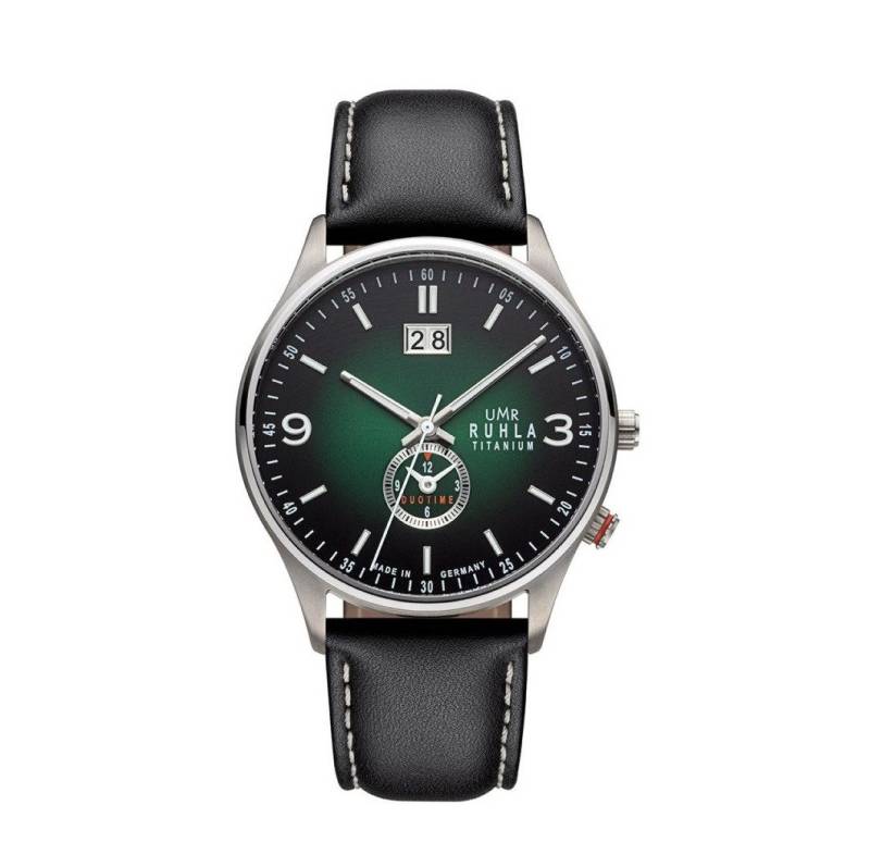 UMR Ruhla Quarzuhr 17083, Classic Quarz Herrenuhr - Big Date auf 12 Uhr - 2. Zeitzone, Olivgrünes Sunray Zifferblatt - Lederarmband Schwarz - Made in Germany von UMR Ruhla