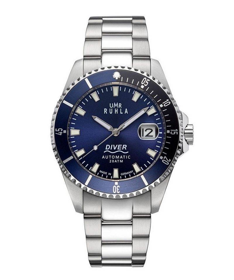 UMR Ruhla Taucheruhr 42,7 mm – Automatikuhr mit blauem Zifferblatt & Edelstahlband 80841, Robuste Herrenuhr mit Drehlünette & Automatikwerk von UMR Ruhla