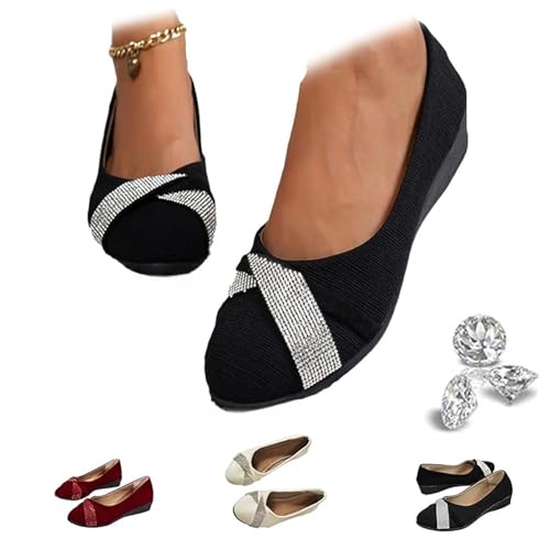 Damen Leichte Mode Strass Keilschuhe Glitzer Ballett Pumps Bequeme Orthopädische Slip-On Runde Zehen Niedriger Absatz Freizeitschuhe, Schwarz , 41 EU von UMYUOANY