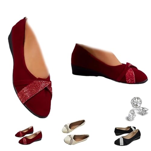Damen Leichte Mode Strass Keilschuhe Glitzer Ballett Pumps Bequeme Orthopädische Slip-On Runde Zehen Niedriger Absatz Freizeitschuhe, weinrot, 41 EU von UMYUOANY