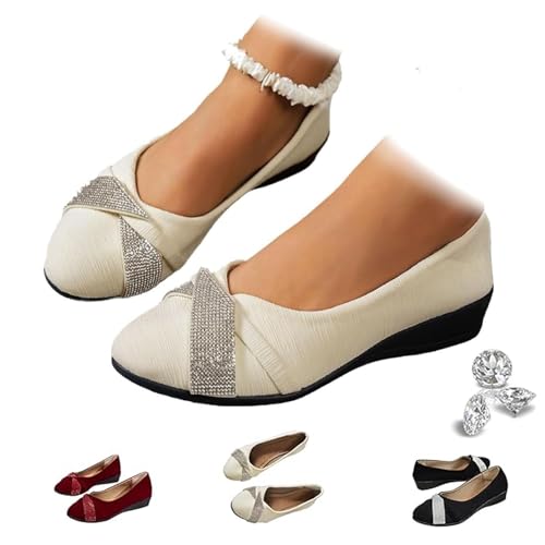 Damen Leichte Mode Strass Keilschuhe Glitzer Ballett Pumps Bequeme Orthopädische Slip-On Runde Zehen Niedriger Absatz Freizeitschuhe, weiß, 41 EU von UMYUOANY