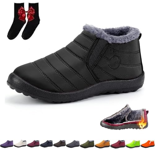 UMYUOANY Damen Bequeme wasserdichte rutschfeste warme Schneestiefel Frauen Warm Schaffell Gefüttert Stiefel Pelz Gefüttert Stiefeletten Winter Slip on Outdoor Schneestiefel, Schwarz , 38.5 EU von UMYUOANY