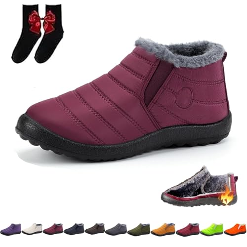 UMYUOANY Damen Bequeme wasserdichte rutschfeste warme Schneestiefel Frauen Warm Schaffell Gefüttert Stiefel Pelz Gefüttert Stiefeletten Winter Slip on Outdoor Schneestiefel, dunkelrot, 38.5 EU von UMYUOANY