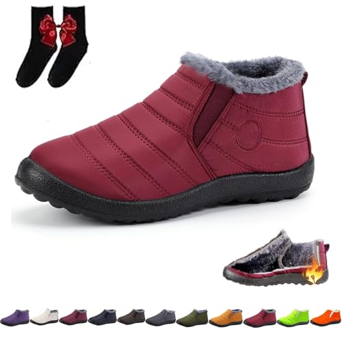 UMYUOANY Damen Bequeme wasserdichte rutschfeste warme Schneestiefel Frauen Warm Schaffell Gefüttert Stiefel Pelz Gefüttert Stiefeletten Winter Slip on Outdoor Schneestiefel, rot, 38.5 EU von UMYUOANY