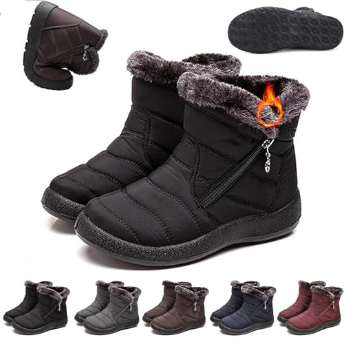 UMYUOANY Damen Gemütliche Winterstiefel Wasserdicht Anti-Rutsch Orthopädische Stiefel Pelz Gefüttert Warm Ankle Booties Outdoor Leicht Rutschfest Seitlicher Reißverschluss Schneestiefel, Schwarz von UMYUOANY