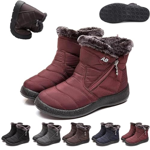 UMYUOANY Damen Gemütliche Winterstiefel Wasserdicht Anti-Rutsch Orthopädische Stiefel Pelz Gefüttert Warm Ankle Booties Outdoor Leicht Rutschfest Seitlicher Reißverschluss Schneestiefel, rot, 38.5 EU von UMYUOANY
