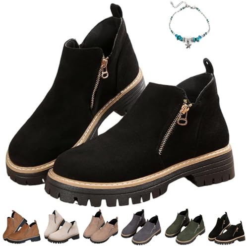 UMYUOANY Damen-Stiefeletten mit rundem Zehenbereich, seitlichem Reißverschluss, klobiger Absatz, Chelsea-Stiefel, Herbst, Kunstwildleder, lässig, orthopädische Wanderschuhe, Schwarz , 36 EU von UMYUOANY