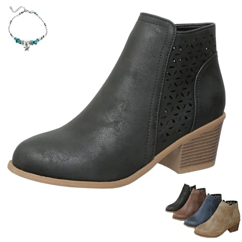 UMYUOANY Orthopädische Damen-Stiefeletten mit mittelhohem Absatz, aus Leder, spitzer Zehenbereich, gestapelt, mittelhoher Absatz, seitlicher Reißverschluss, atmungsaktiv, hohl, leicht, Chelsea-Stiefel von UMYUOANY