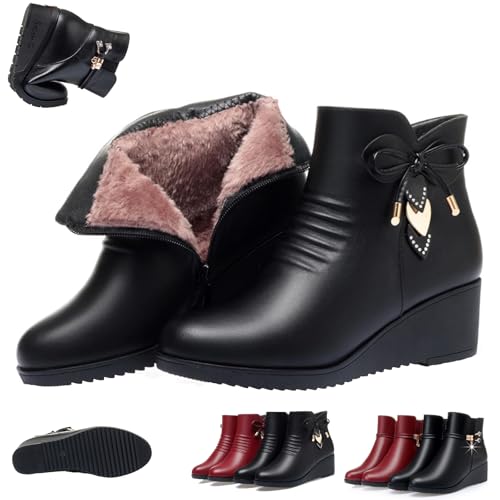 UMYUOANY Orthopädische Stiefeletten für Damen, Keilabsatz, Winter, warm, echtes Leder, Plateau, Schneestiefel, seitlicher Reißverschluss, funkelnde Strasssteine, wasserdicht, orthopädisch, mit Fell von UMYUOANY
