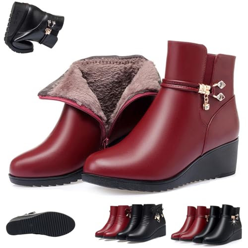 UMYUOANY Orthopädische Stiefeletten für Damen, Keilabsatz, Winter, warm, echtes Leder, Plateau, Schneestiefel, seitlicher Reißverschluss, funkelnde Strasssteine, wasserdicht, orthopädisch, mit Fell von UMYUOANY
