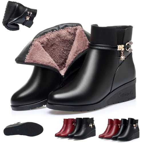 UMYUOANY Orthopädische Stiefeletten für Damen, Keilabsatz, Winter, warm, echtes Leder, Plateau, Schneestiefel, seitlicher Reißverschluss, funkelnde Strasssteine, wasserdicht, orthopädisch, mit Fell von UMYUOANY