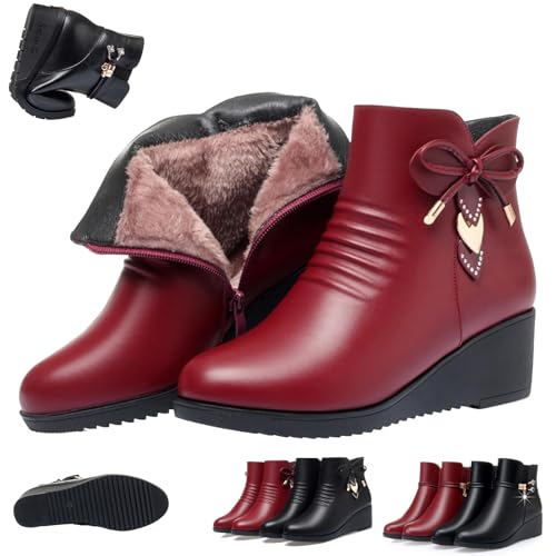 UMYUOANY Orthopädische Stiefeletten für Damen, Keilabsatz, Winter, warm, echtes Leder, Plateau, Schneestiefel, seitlicher Reißverschluss, funkelnde Strasssteine, wasserdicht, orthopädisch, mit Fell von UMYUOANY