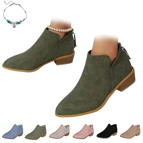 UMYUOANY Orthopädische Stiefeletten für Damen, Retro-Absatz, Chelsea-Stiefel, Wildlederimitat, klobiger Absatz, spitzer Zehenbereich, Schlupfschuh, Reißverschluss hinten, bequeme Wanderschuhe von UMYUOANY