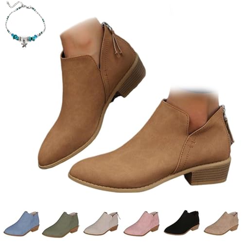 UMYUOANY Orthopädische Stiefeletten für Damen, Retro-Absatz, Chelsea-Stiefel, Wildlederimitat, klobiger Absatz, spitzer Zehenbereich, Schlupfschuh, Reißverschluss hinten, bequeme Wanderschuhe von UMYUOANY