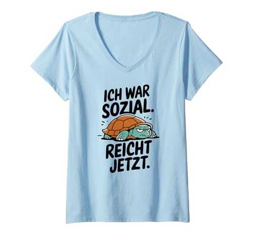 Damen Ich War Sozial Introvertierte Schildkröte Sarkasmus Spruch T-Shirt mit V-Ausschnitt Damen Ich War Sozial Introvertierte Schildkröte Sarkasmus Spruch T-Shirt mit V-Ausschnitt von UNBOCKBAR