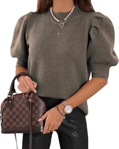 UNCLECAT Damen-Pullover, Puffärmel, trendiges Herbst-Top, lässiger Pullover, Kaffee, Groß von UNCLECAT