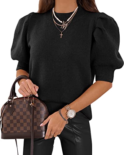 UNCLECAT Damen-Pullover, Puffärmel, 2024, modisch, Frühlings-Oberteil, lässiger Pullover, Schwarz, Groß von UNCLECAT