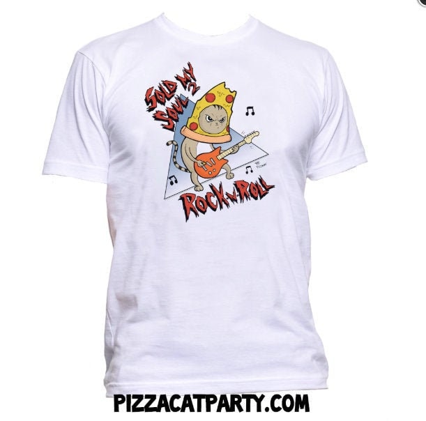 Verkauft Meine Seele An Rock N Roll T-Shirt, Katze Spielt Gitarre Shirt, Herren Musik Cat Pizza Dad von UNCLEGRUMPYINC